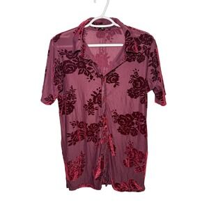 MISSION Velvet Floral Burnout Sheer Button Up Stretch Shirt Womens Large Fairy